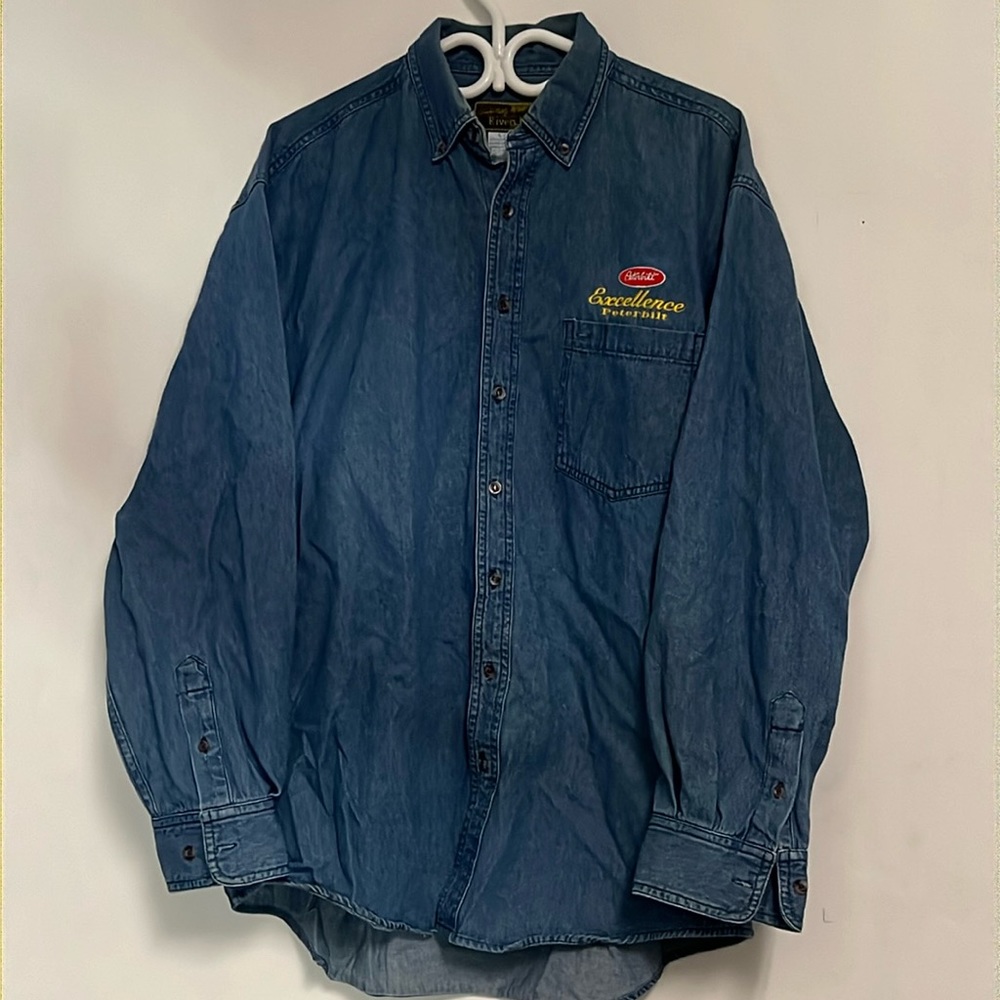 Peterbilt Vintage 90s Denim Trucks River Ends Embroidered L Button Down Shirt